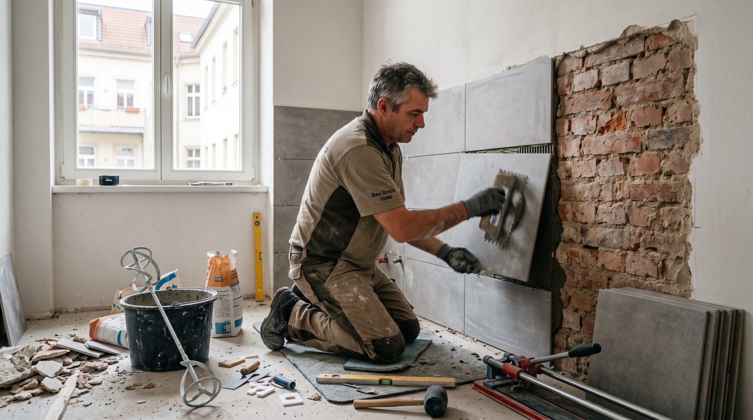 Professioneller Fliesenleger bei der Badsanierung in einem Altbau in Halle