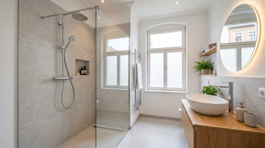 Frisch saniertes Badezimmer im Altbau Halle mit bodengleicher Dusche und großen Fliesen