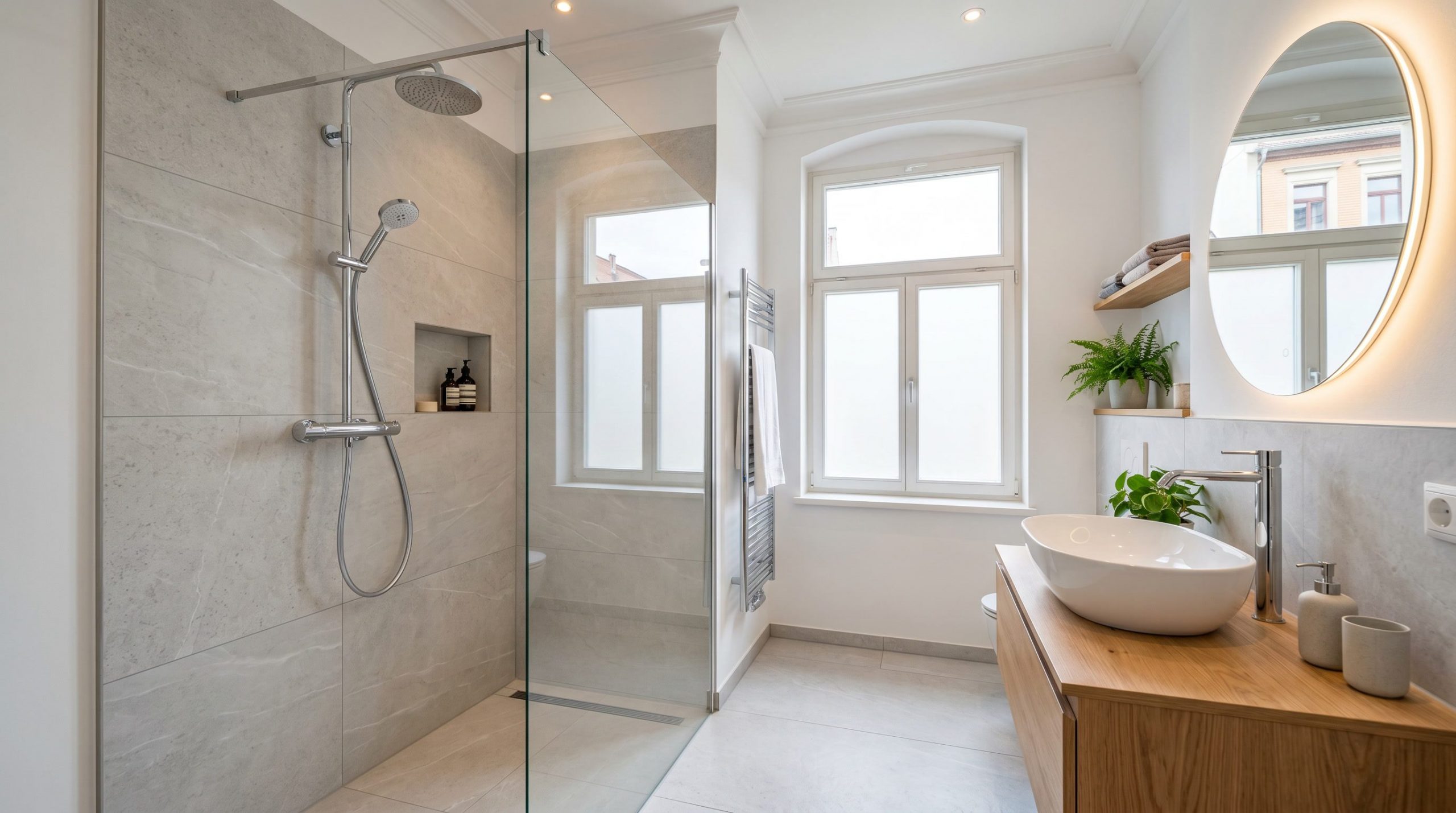 Frisch saniertes Badezimmer im Altbau Halle mit bodengleicher Dusche und großen Fliesen