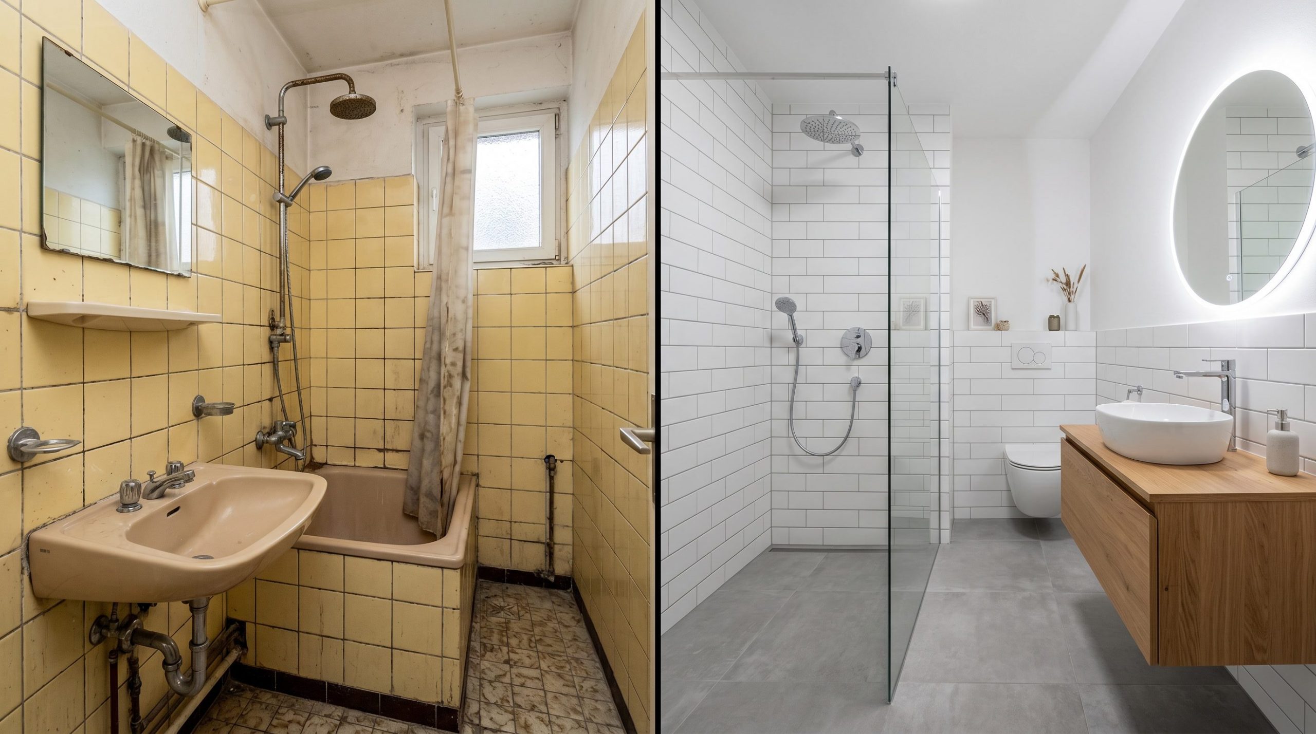 Badezimmer vor und nach der Sanierung in Halle – DDR-Bad wird modern renoviert