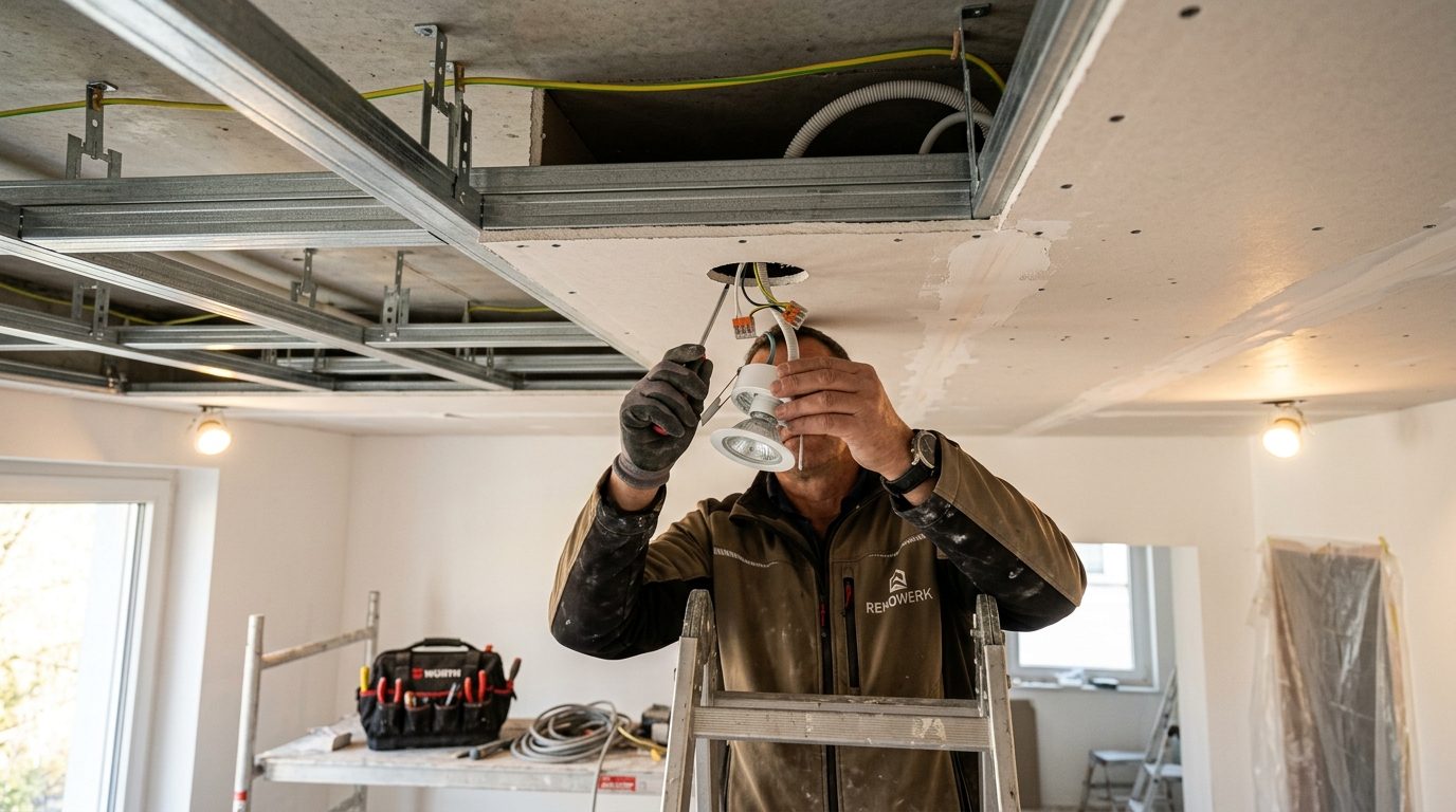 Abgehängte Gipskarton Decke mit Spots, Trockenbau Halle