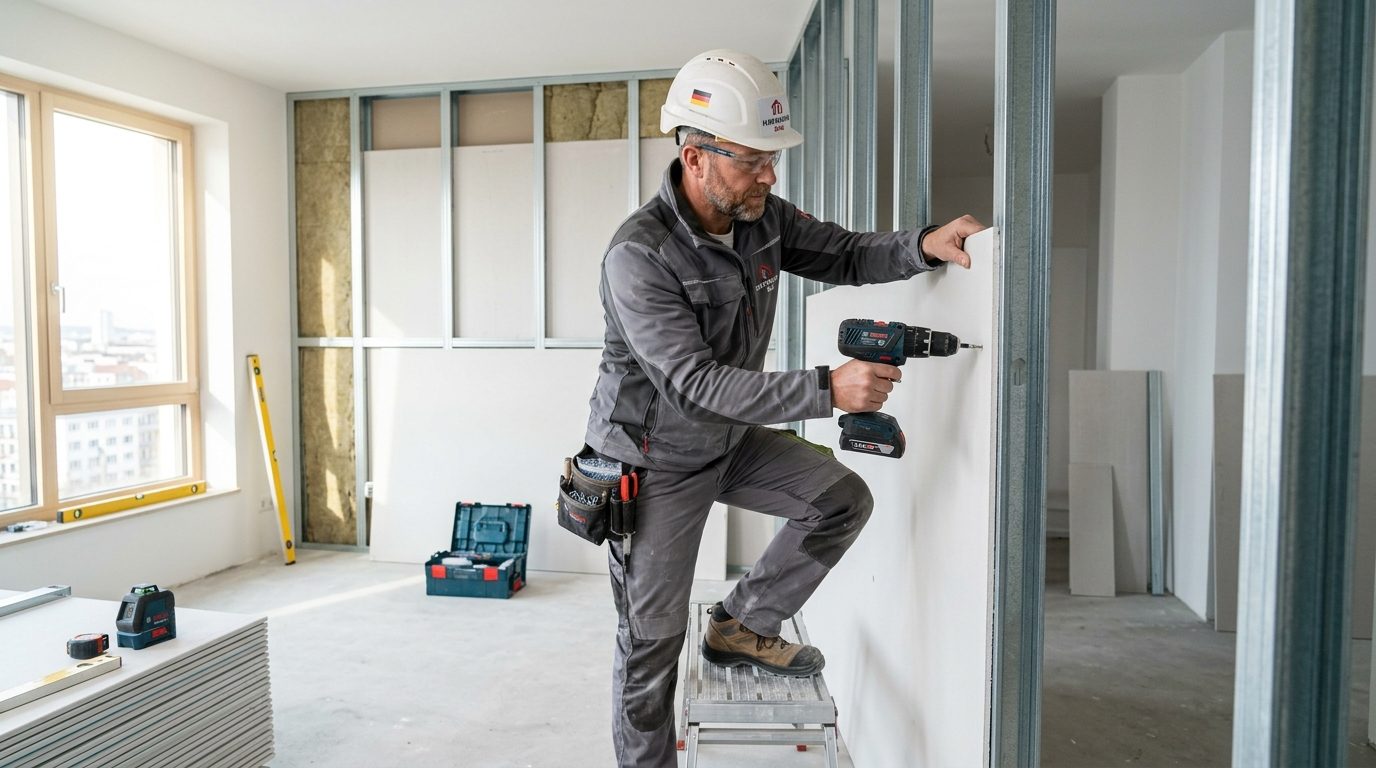 Handwerker bei Trockenbau Wandmontage in Haller Wohnung