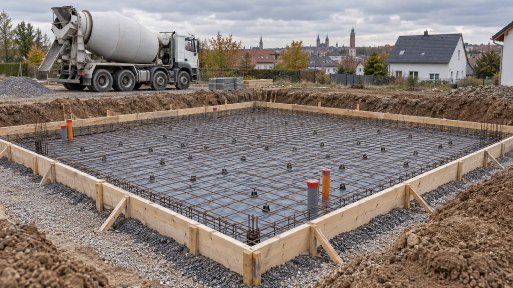 Vorbereitete Bodenplatte mit Bewehrung, Holzschalung und Rohrdurchführungen vor dem Betonieren.