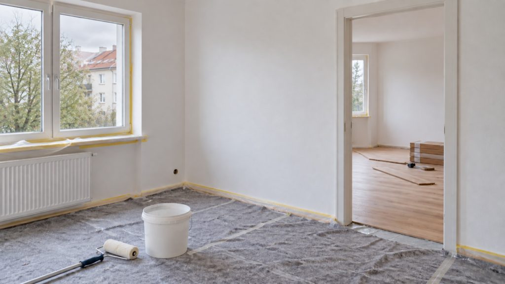 Leere Wohnung während der Renovierung mit Malerwerkzeug und neuem Boden im Nebenraum.