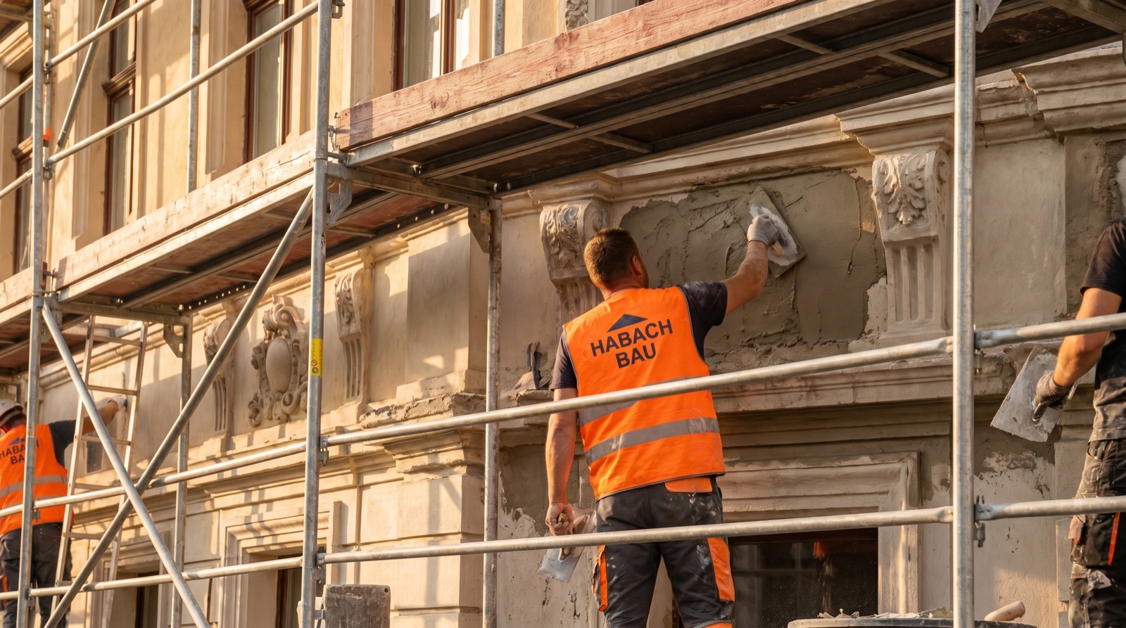 Fassadensanierung Halle (Saale) – Habach Bau Handwerker verputzt eine Gründerzeit-Stuckfassade