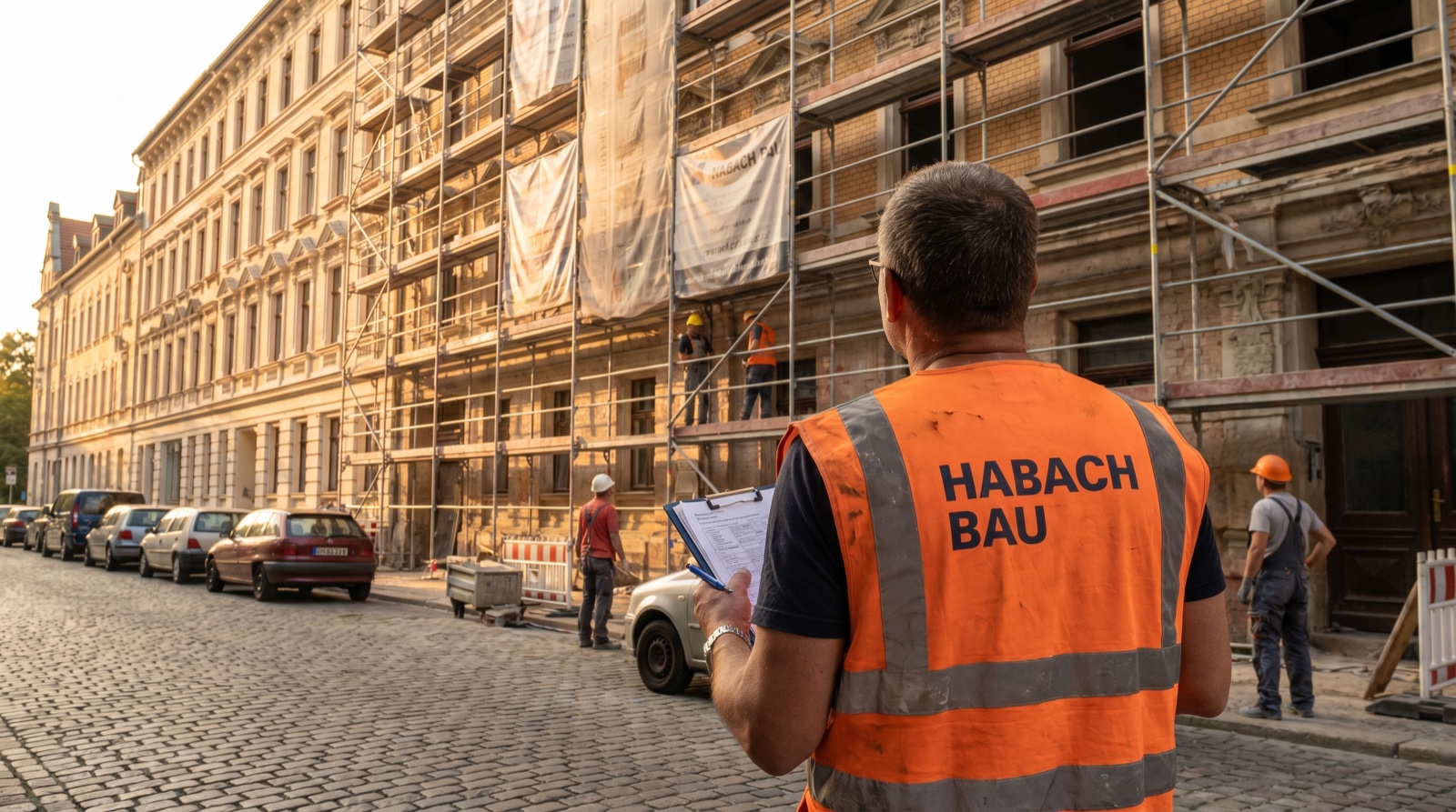 Generalunternehmer Halle (Saale) – Habach Bau Bauleiter vor einem Gründerzeit-Altbau mit Gerüst