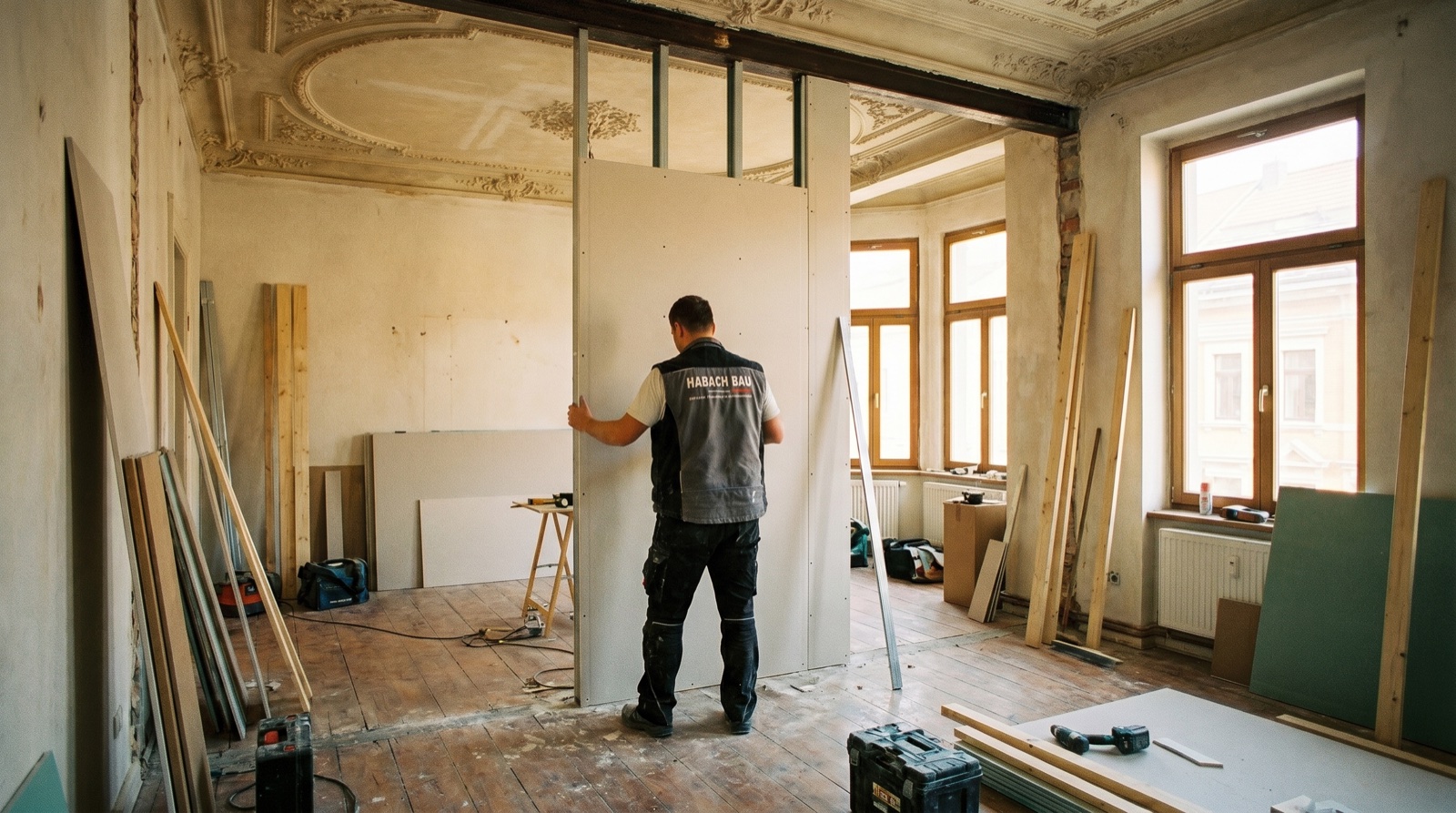 Innenausbau Halle (Saale) – Habach Bau Monteur baut eine Trockenbauwand in einer Altbauwohnung