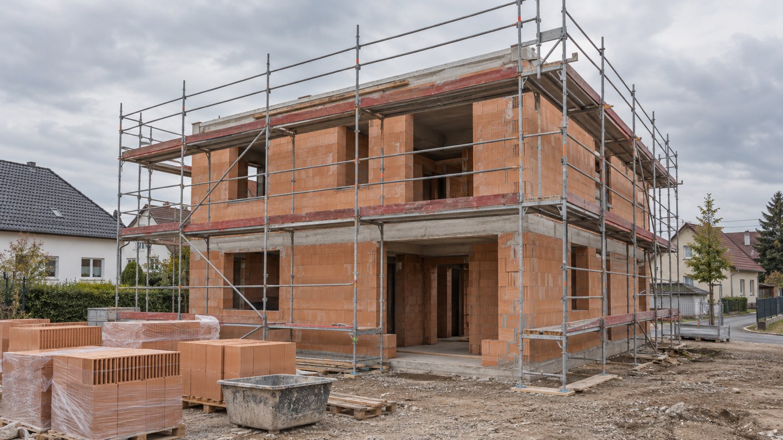 Zweigeschossiger Einfamilienhaus-Rohbau aus Ziegelmauerwerk mit Gerüst bei bedecktem Himmel.