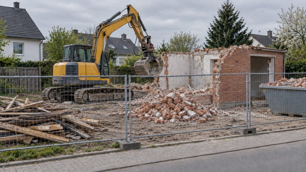 Bagger mit Abbruchgreifer neben einer teilweise zurückgebauten Garage hinter einem Bauzaun.