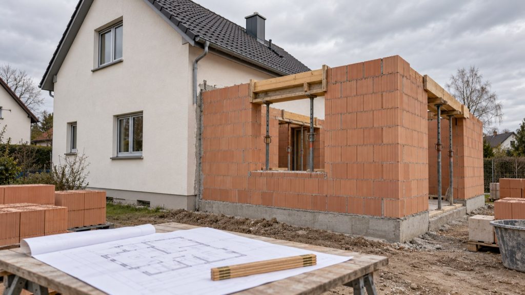 Eingeschossiger Anbau im Rohbau an einem verputzten Wohnhaus mit Bauplan auf einem Tisch im Vordergrund.
