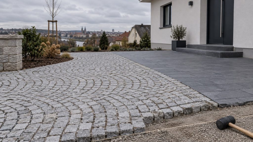 Graues Granit-Kleinpflaster neben anthrazitfarbenem Betonpflaster an einer Hauseinfahrt.