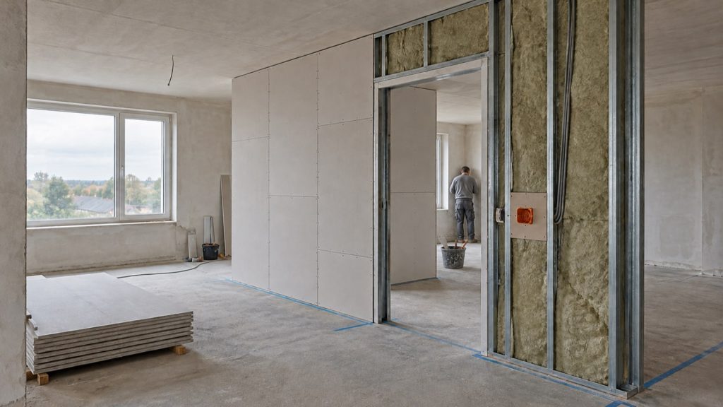 Trockenbauwand mit versetzten Plattenstößen und Türöffnung; im hinteren Raum eine Person von hinten und ein Werkzeugeimer.